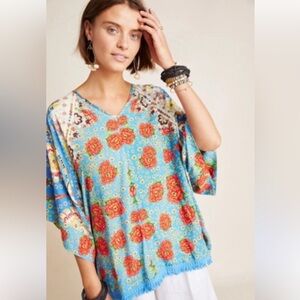 Farm Rio Blue Floral Ophelia Pullover Fringe Top O/S